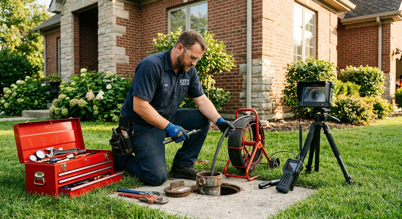 Sewer specialist with camera equipment servicing a cleanout in Richfield