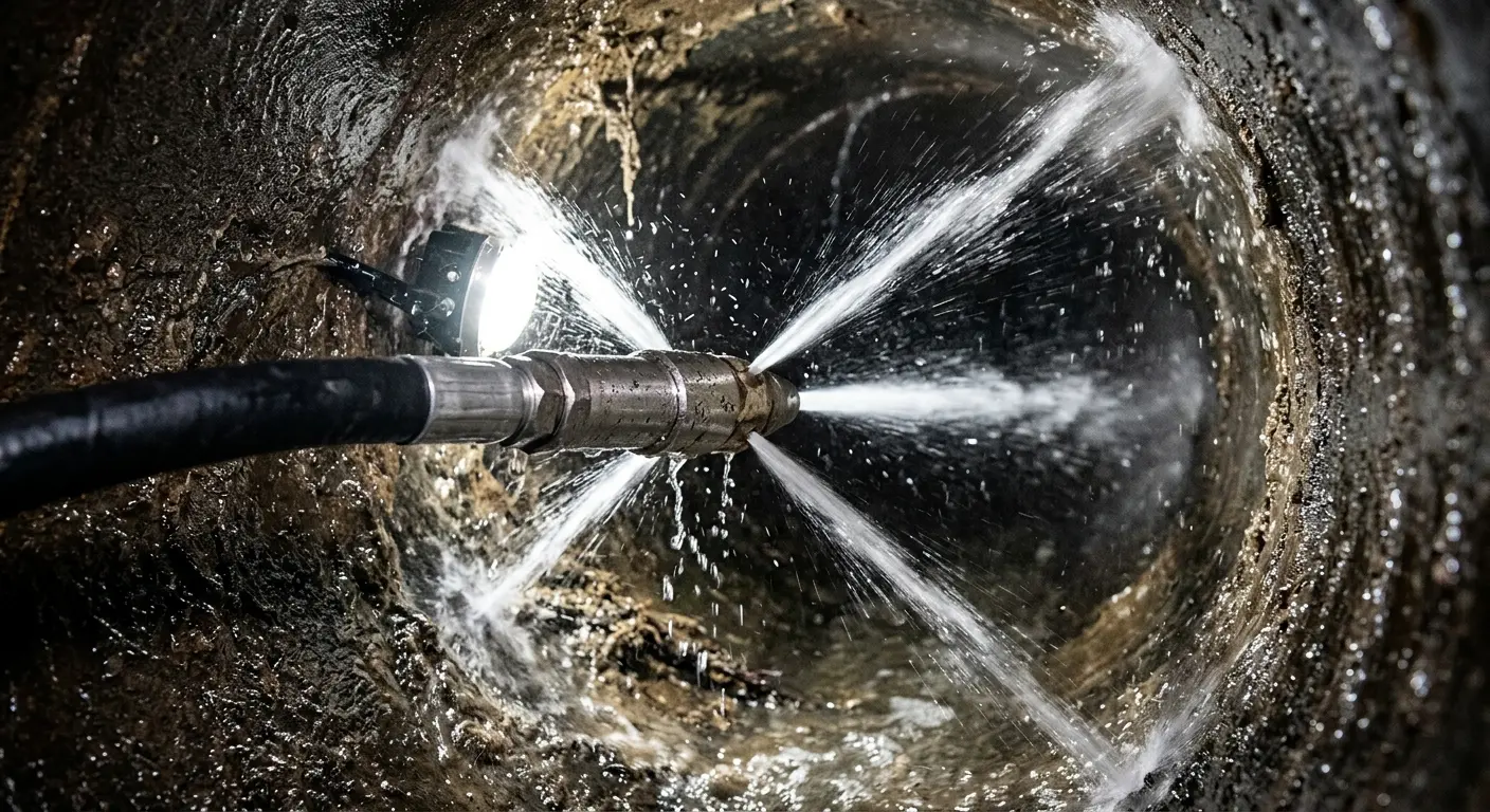 High-pressure hydro jetting nozzle cleaning sewer pipe for Trenchless Sewer Repair in Richfield